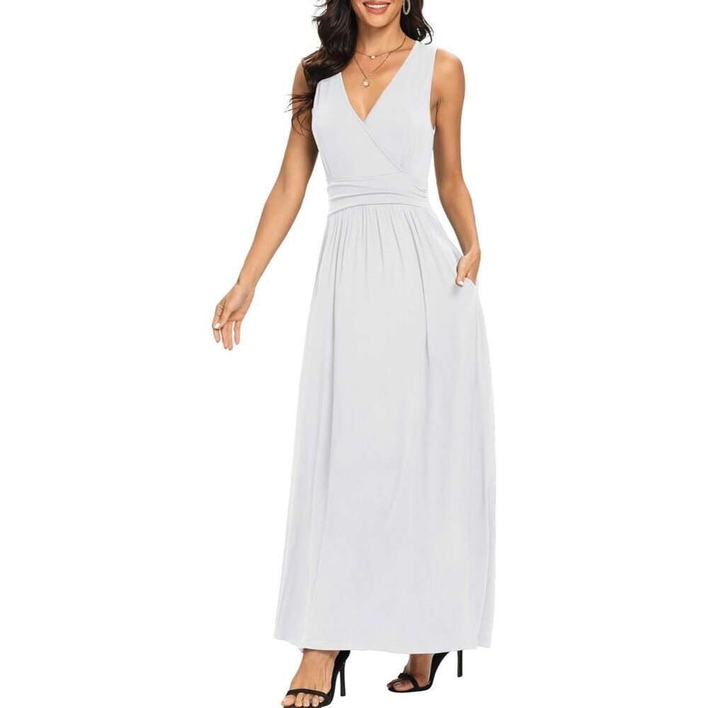 Women White Deep V Neck Sleeveless Loose Plain Long Maxi Stretchy Dress - Picture 2 of 6